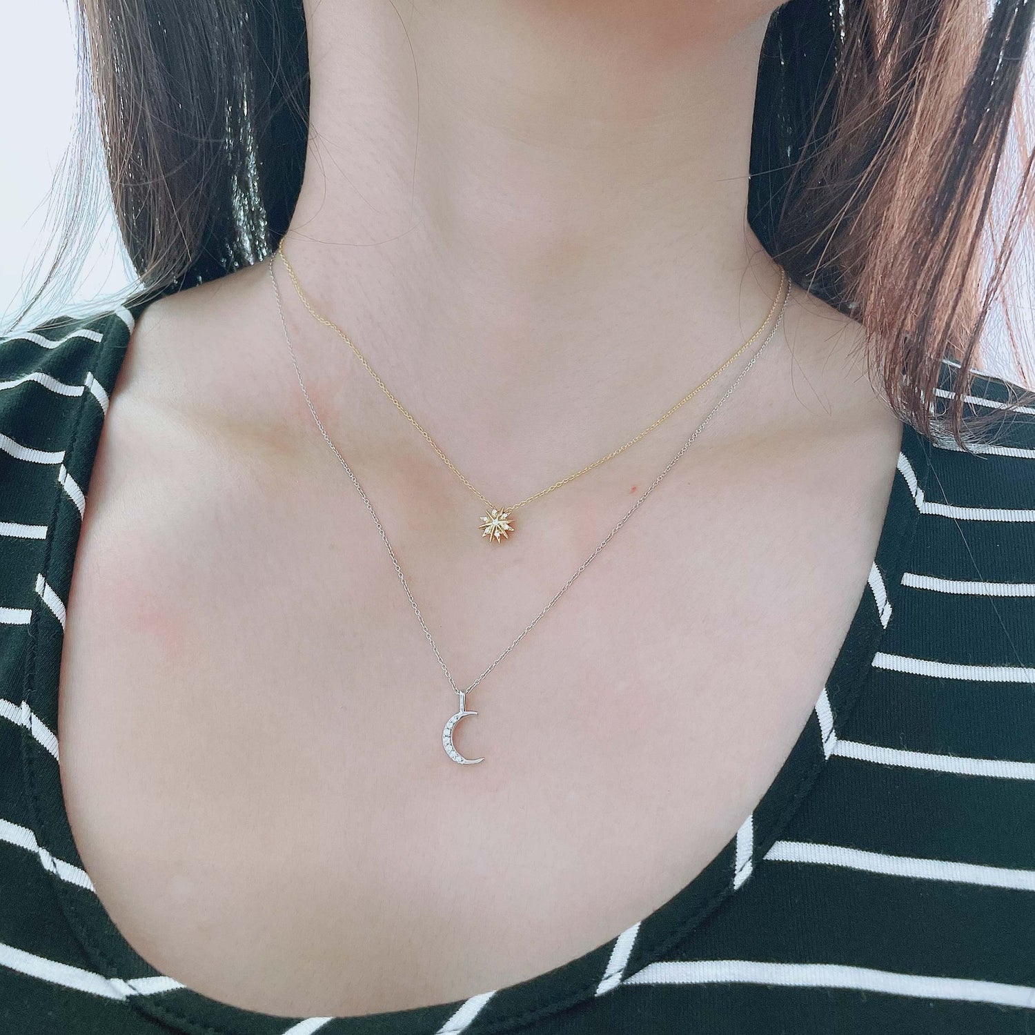 Sunshine and Crescent Moon Layered 1/10 Cttw Natural Diamond Pendant Necklace set in 925 Sterling (Yellow Gold & Silver)…