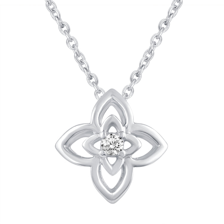 Open Flower 1/40 Cttw Natural Diamond Pendant Necklace set in 925 Sterling Silver