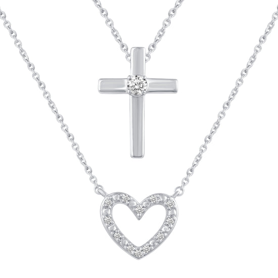 Heart and Cross Layered 1/10 Cttw Natural Diamond Pendant Necklace set in 925 Sterling Silver…