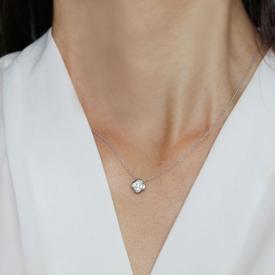 Clover 1/20 Cttw Natural Diamond Pendant Necklace set in 925 Sterling Silver fine jewelry
