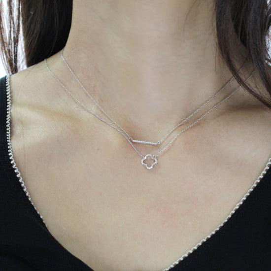 Bar and Leaf Clover Layered 1/10 Cttw Natural Diamond Pendant Necklace set in 925 Sterling Silverβ¦