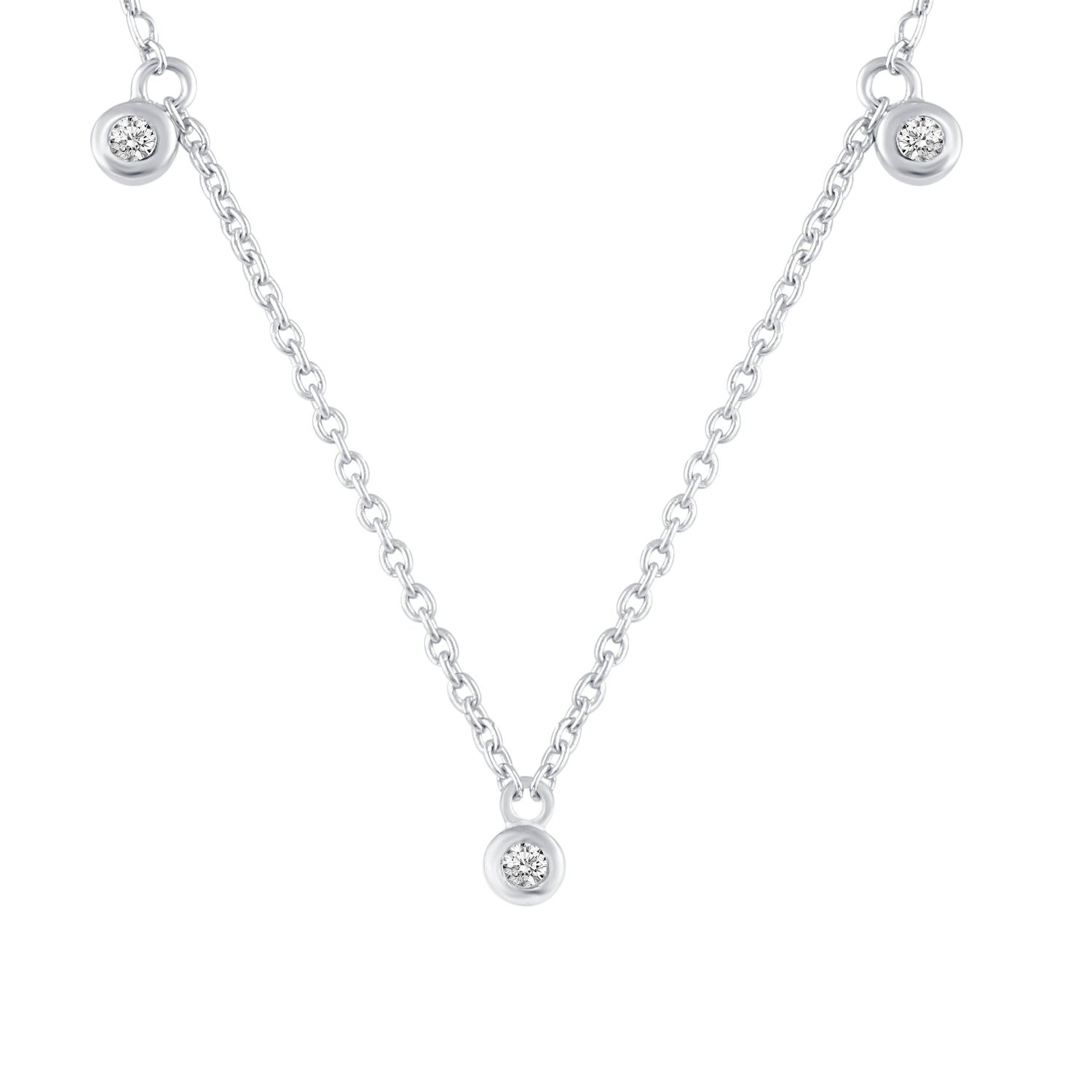 Three Stone Stations 1/20 Cttw Natural Diamond Pendant Necklace set in 925 Sterling Silver