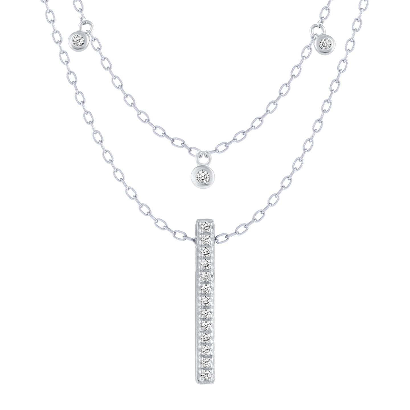 Three Stone Stations and Bar Layered 1/10 Cttw Natural Diamond Pendant Necklace set in 925 Sterling Silver