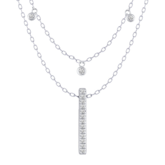 Three Stone Stations and Bar Layered 1/10 Cttw Natural Diamond Pendant Necklace set in 925 Sterling Silver