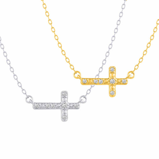 Sideways Cross 1/20 Cttw Natural Diamond Pendant Necklace set in 925 Sterling Silver yellow gold