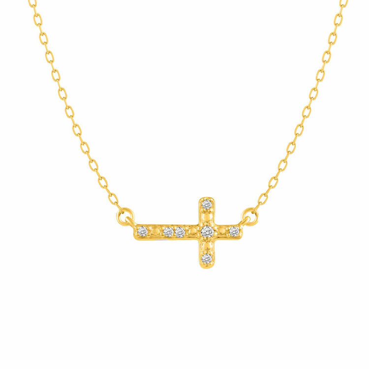 Sideways Cross 1/20 Cttw Natural Diamond Pendant Necklace set in 925 Sterling Silver yellow gold