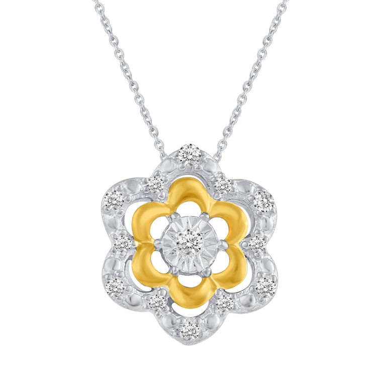 Flower Cluster 1/20 Cttw Natural Diamond Pendant Necklace set in 925 Sterling Silver (Yellow Gold)