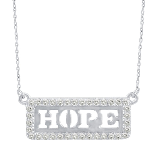 1/5 Cttw Pave Diamond HOPE Bar Pendant Necklace set in 925 Sterling Silver