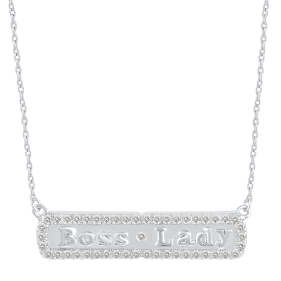 1/5 Cttw Pave Diamond BOSS LADY Bar Pendant Necklace set in 925 Sterling Silver