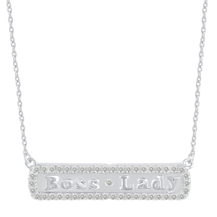 1/5 Cttw Pave Diamond BOSS LADY Bar Pendant Necklace set in 925 Sterling Silver