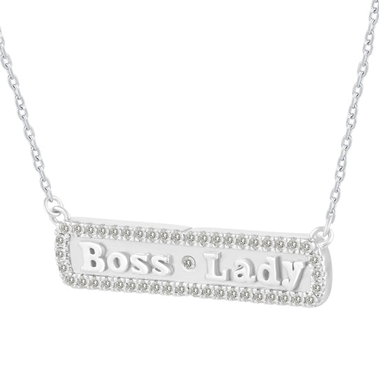 1/5 Cttw Pave Diamond BOSS LADY Bar Pendant Necklace set in 925 Sterling Silver