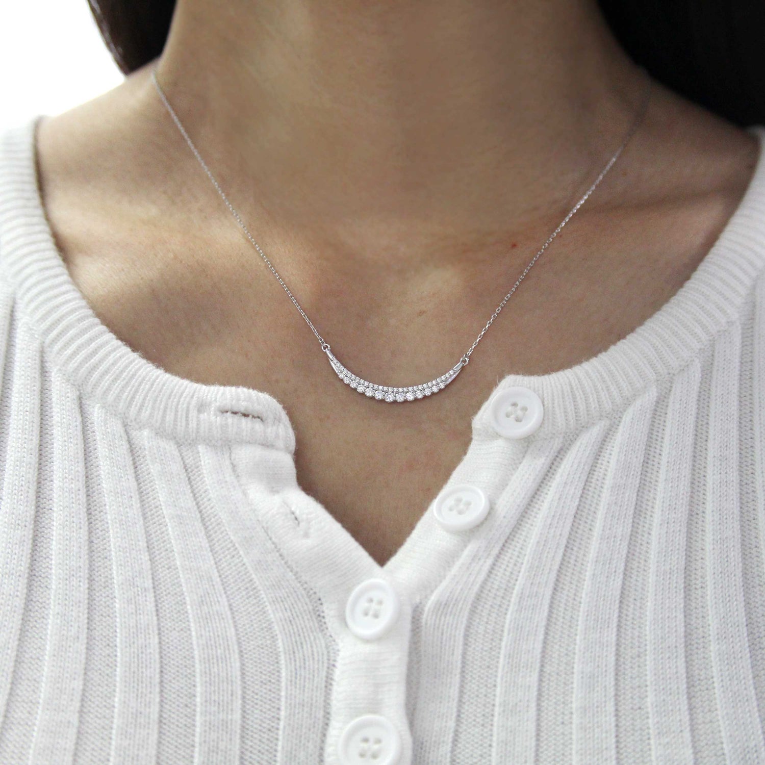 1/2 - 1/5 Cttw Diamond Bar Pendant Necklace set in 925 Sterling Silver crescent moon smile