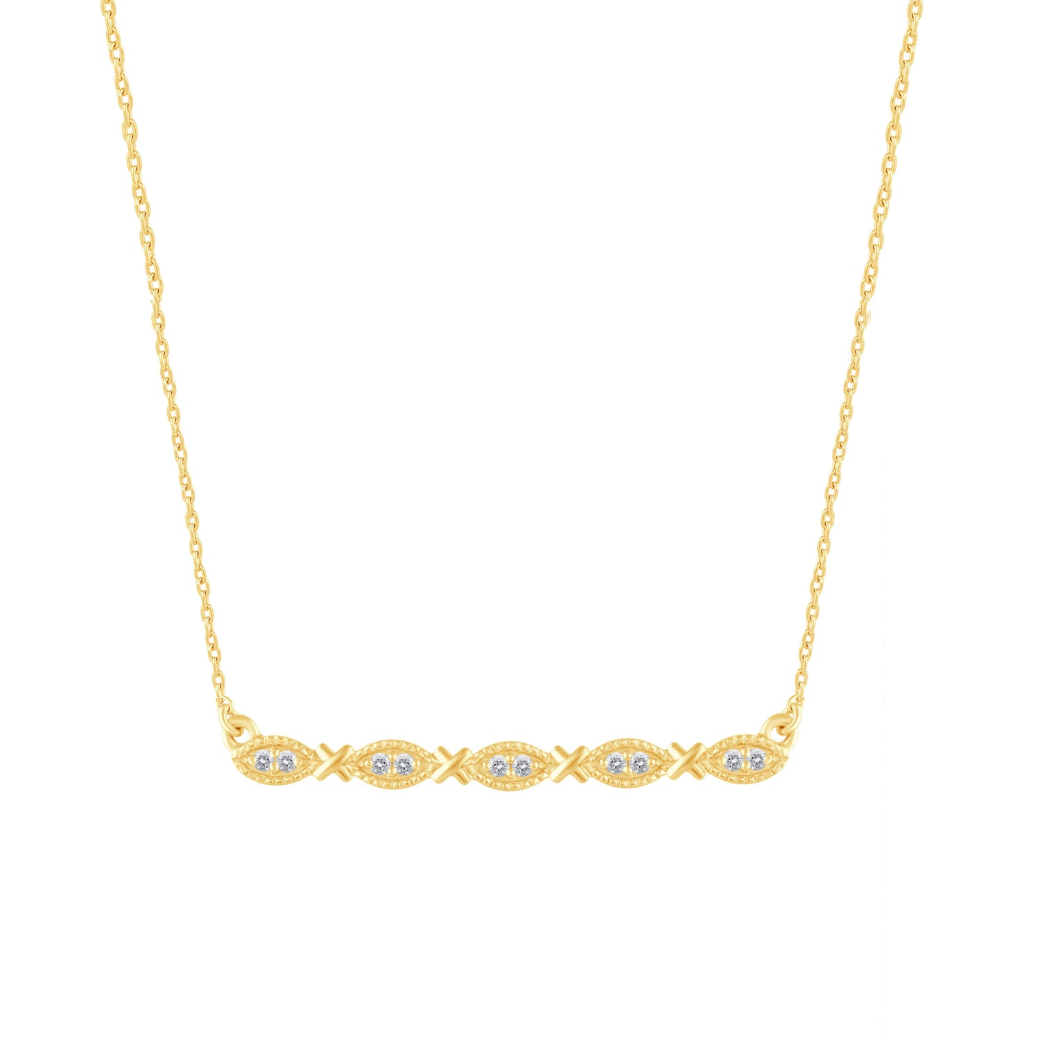 1/10 Cttw Diamond Mosaic XO Bar Pendant Necklace set in 925 Sterling Silver 14K Yellow Gold Plating