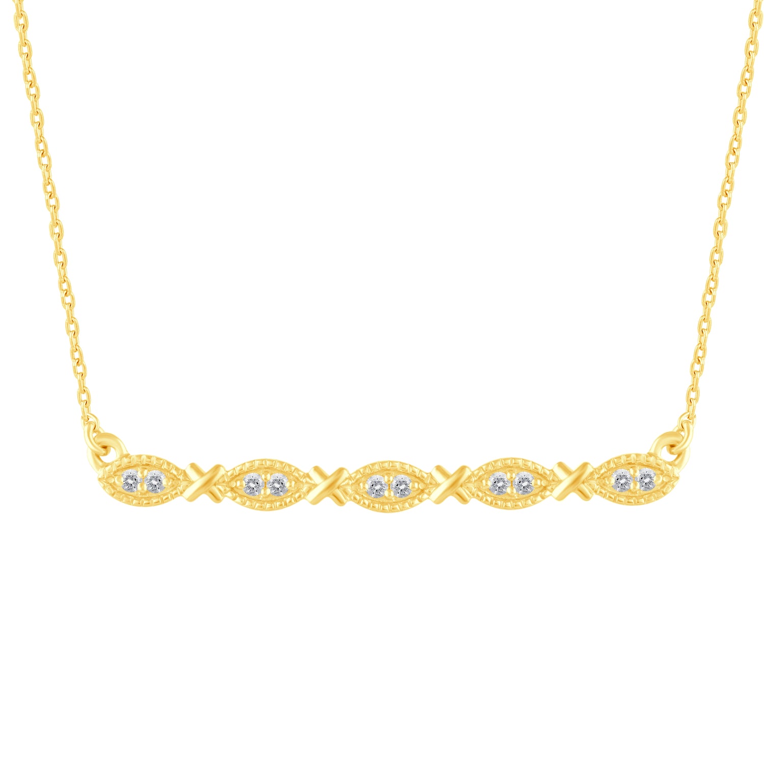 1/10 Cttw Diamond Mosaic XO Bar Pendant Necklace set in 925 Sterling Silver Yellow Gold Plating