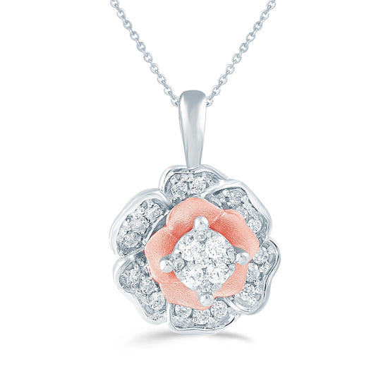1/4CT TW Diamond Floral Cluster Fashion Pendant in Sterling Silver & Pink Rhodium plated - Fifth and Fine
