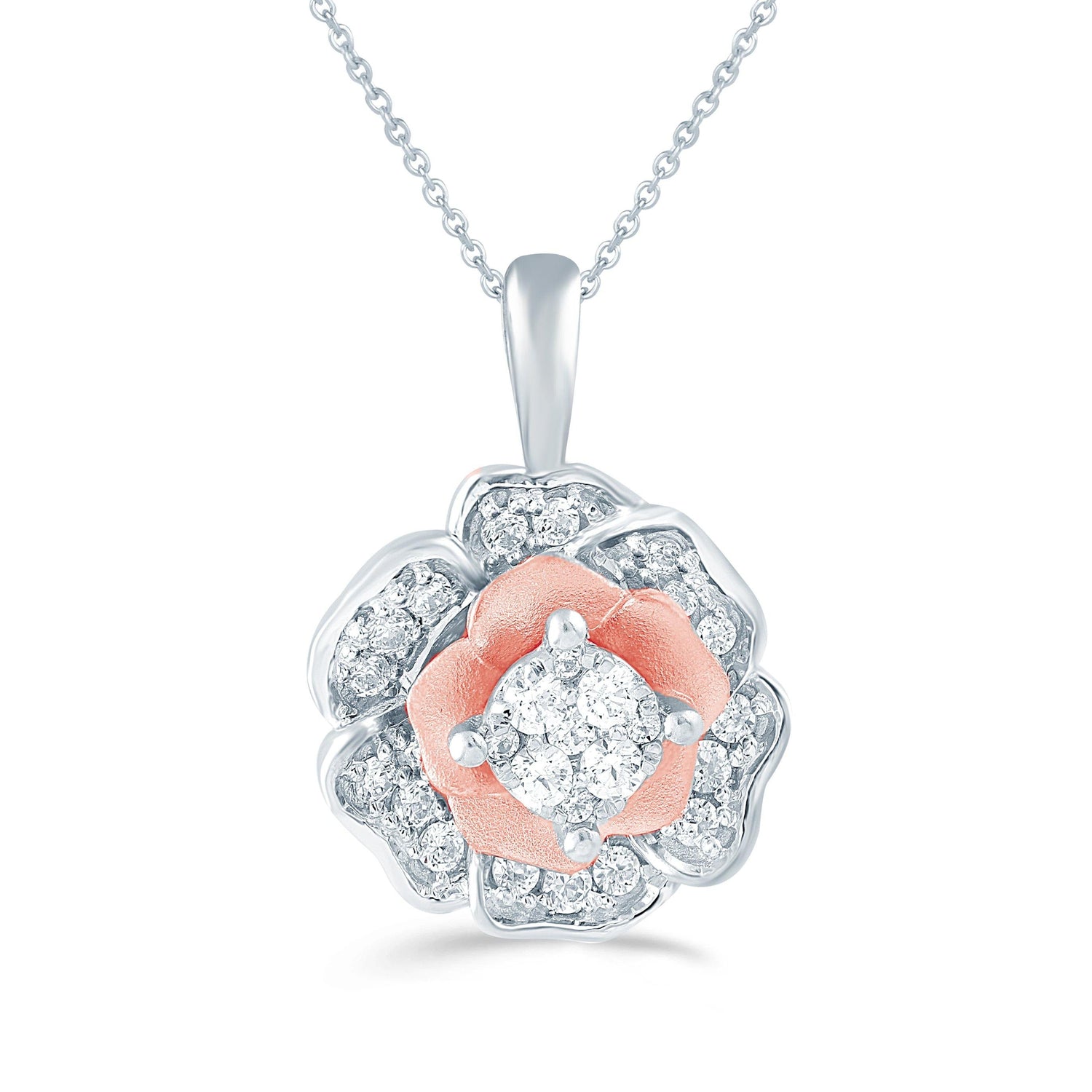 1/4CT TW Diamond Floral Cluster Fashion Pendant in Sterling Silver & Pink Rhodium plated - Fifth and Fine