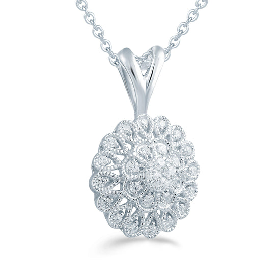 1/4CT TW Diamond Floral Cluster Fashion Pendant in Sterling Silver - Fifth and Fine