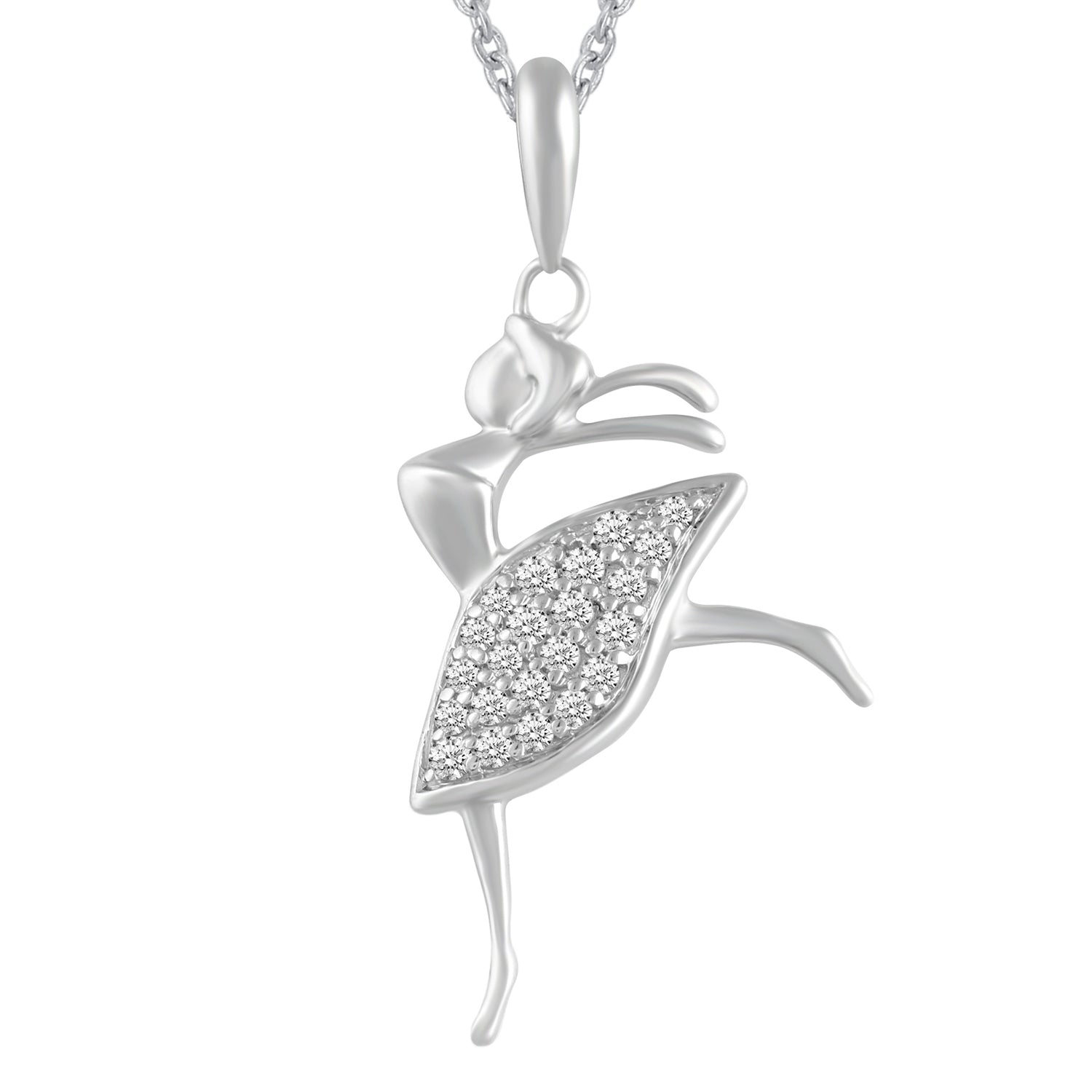 1/10 CTW Ballerina Dancing Lady Womens Girls Round Diamond Pendant Necklace set in 925 Sterling Silver