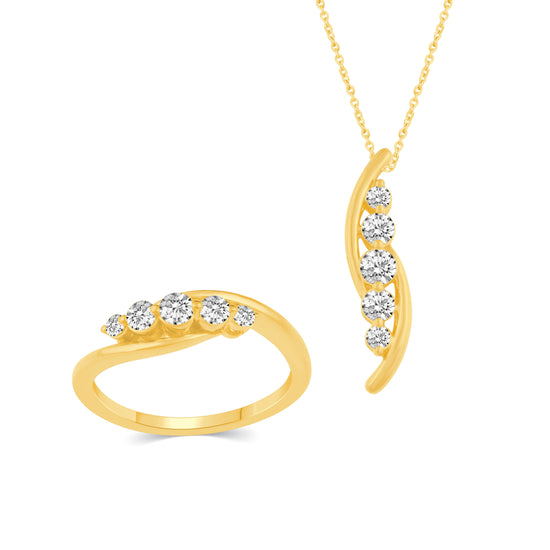 Set of 2 : 5/8Ct TW 5-Stone Diamond Stream Journey Pendant & Ring Set in Sterling Silver Yellow Gold