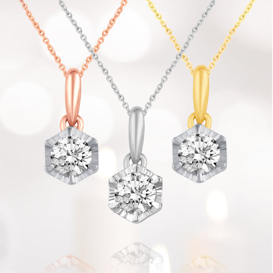 14K Gold 1/4 Carat TW Natural Round Diamond Hexagon Pendant Necklace in White, Rose or Yellow Gold
