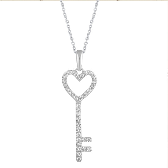14K White Gold 1/4 Carat TW Round (I1-I2 Clarity) Diamond Key Heart Pendant Necklace