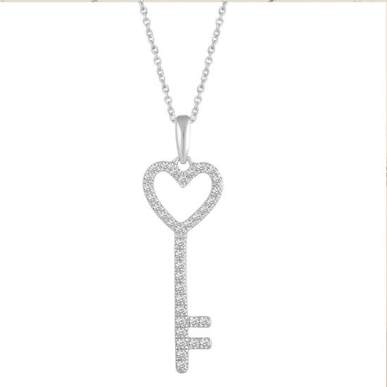 10K White Gold 1/4 Carat TW Round (I2 Clarity) Diamond Key Heart Pendant Necklace