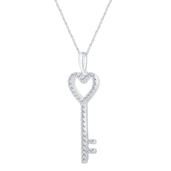 14K White Gold 1/4 Carat TW Round (I1-I2 Clarity) Diamond Key Heart Pendant Necklace