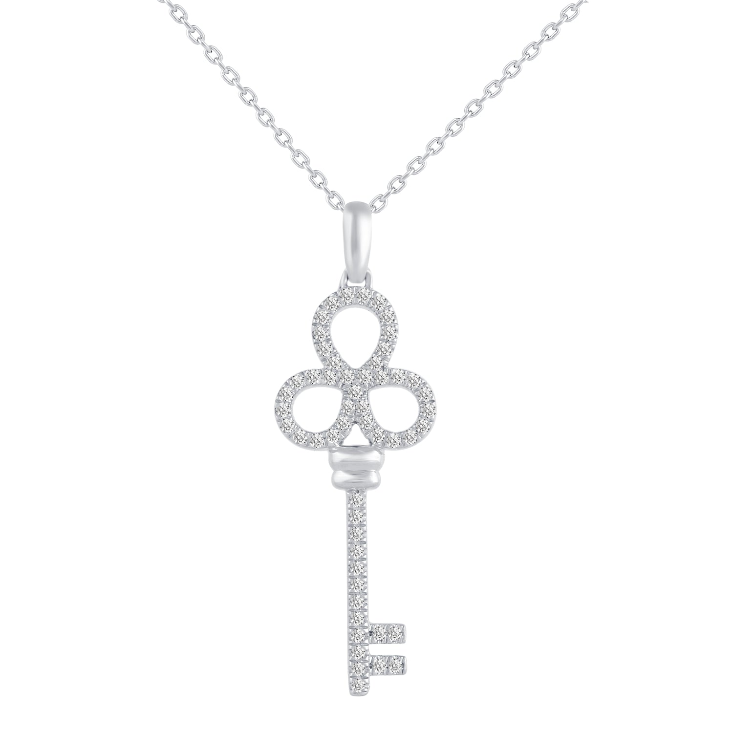 1/4 Cttw Diamond Pave Clover Key Pendant Necklace set in 925 Sterling Silver