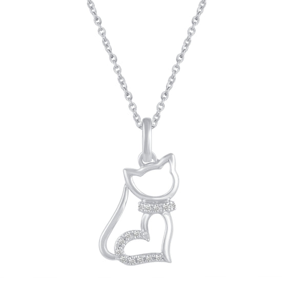 1/20 Ctw Cat Kitty Heart Pendant Necklace with Natural Round Diamonds Set in 925 Sterling Silver birthday holiday valentine gift trend jewelry
