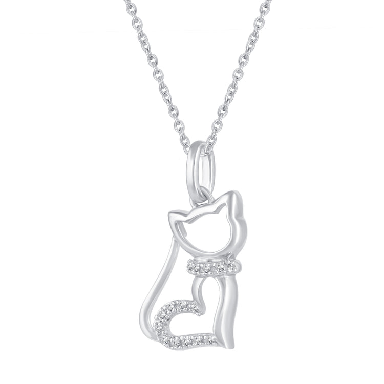 1/20 Ctw Cat Kitty Heart Pendant Necklace with Natural Round Diamonds Set in 925 Sterling Silver birthday holiday valentine gift trend fine jewelry