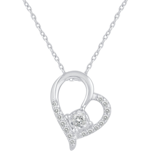 1/6 Cttw Natural Diamond Open Heart Floating Stone Pendant Necklace set in 925 Sterling Silver