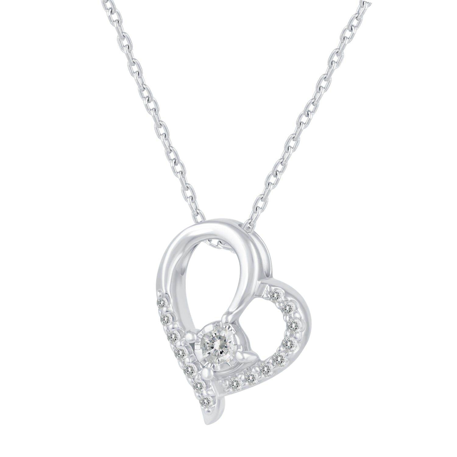 1/6 Cttw Natural Diamond Open Heart Floating Stone Pendant Necklace set in 925 Sterling Silver