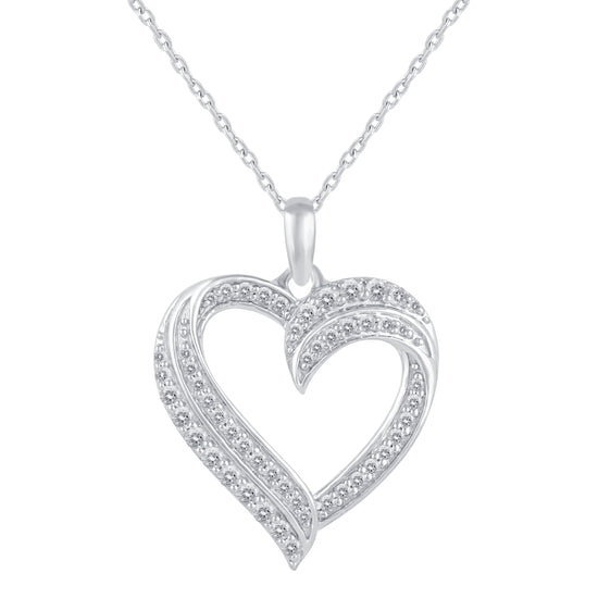1/2 Cttw Natural Diamond Double Row Open Heart Pendant Necklace set in 925 Sterling Silver