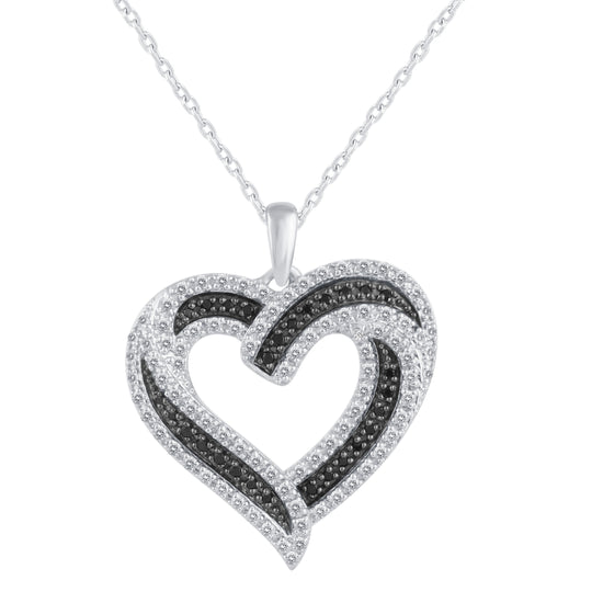 1/2 Cttw Natural Black Diamond Triple Row Open Heart Pendant Necklace set in 925 Sterling Silver Wednesday adams family