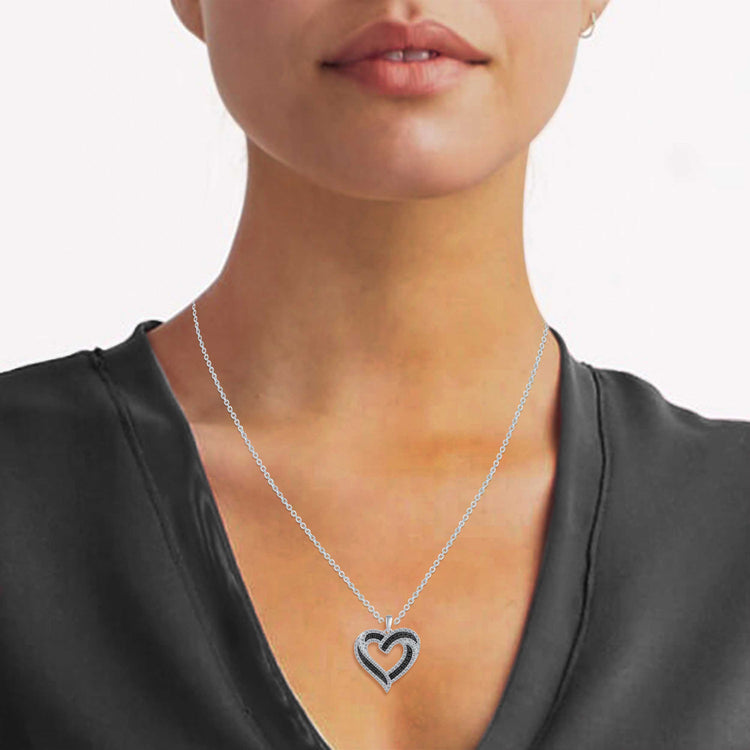 1/2 Cttw Natural Black Diamond Triple Row Open Heart Pendant Necklace set in 925 Sterling Silver