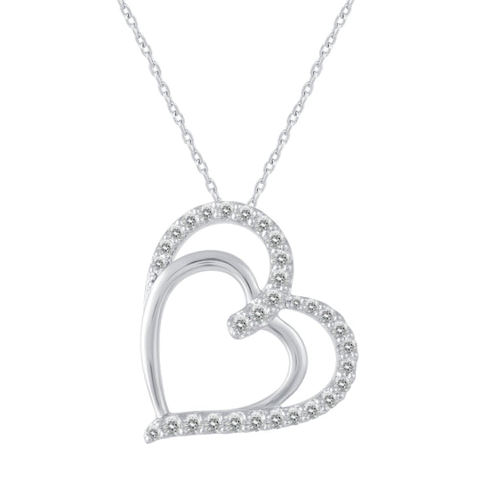 1/2 Cttw Diamond Double Swirl Open Heart Pendant Necklace set in 925 Sterling Silver