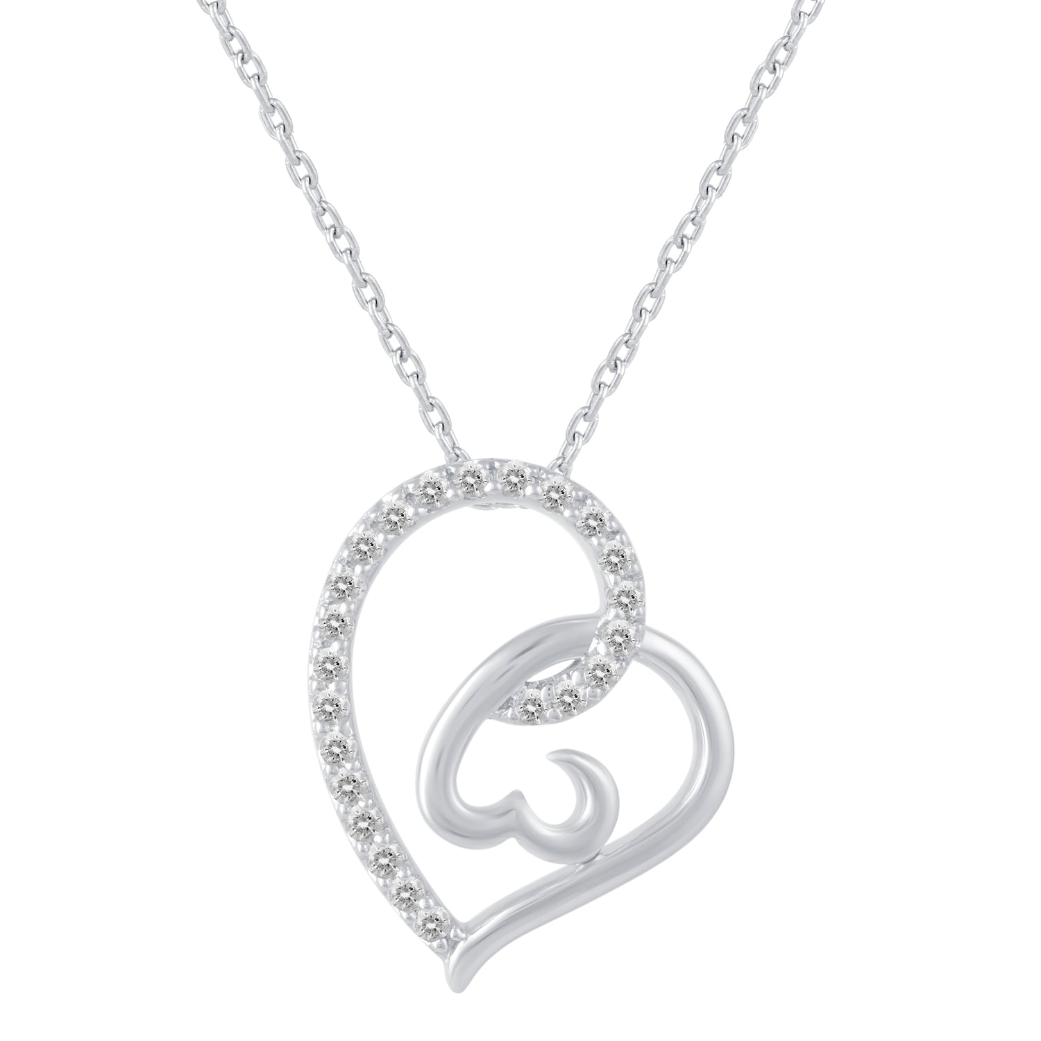 1/4 Cttw Diamond Double Wind Open Heart Pendant Necklace set in 925 Sterling Silver