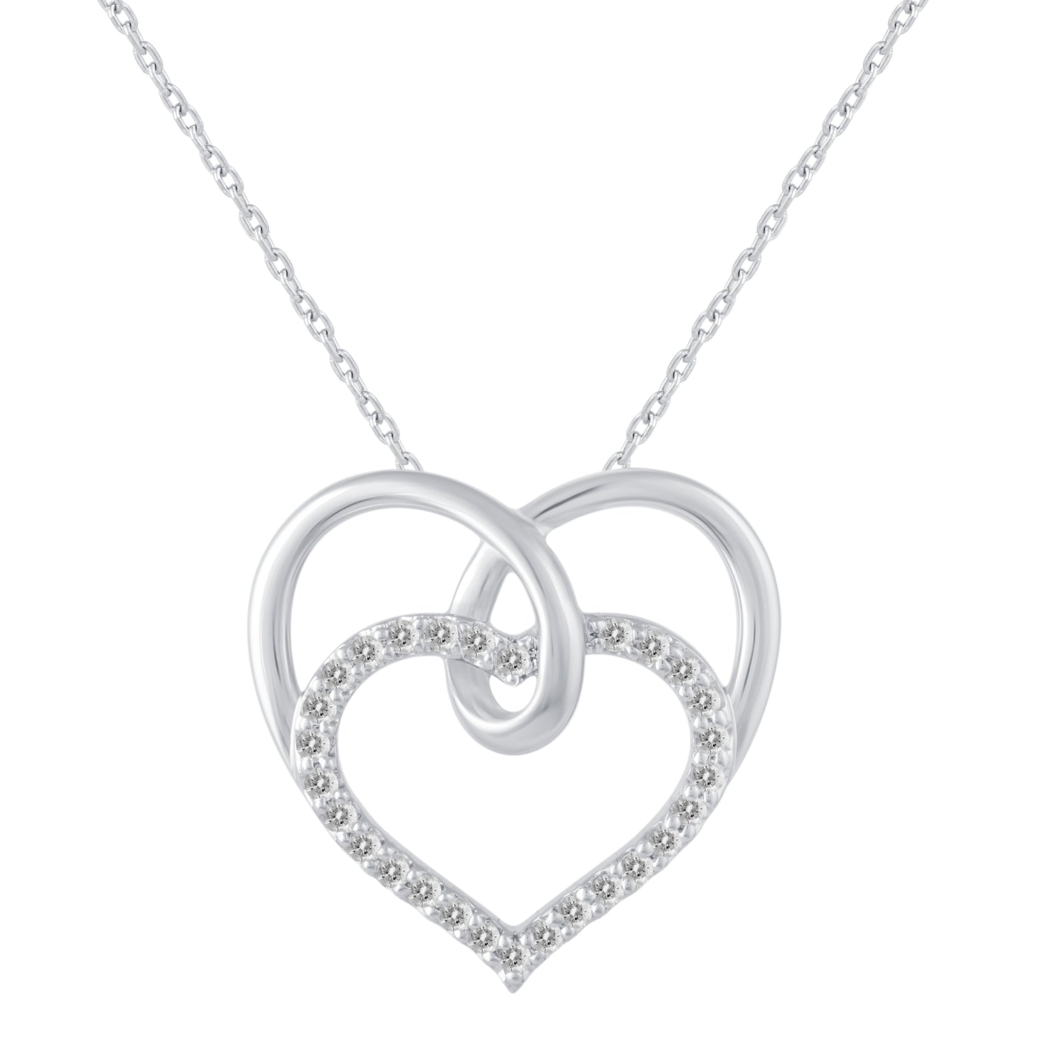 1/4 Cttw Diamond Twin Heart Pendant Necklace set in 925 Sterling Silver