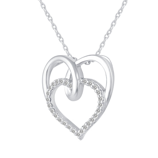 1/4 Cttw Diamond Twin Heart Pendant Necklace set in 925 Sterling Silver