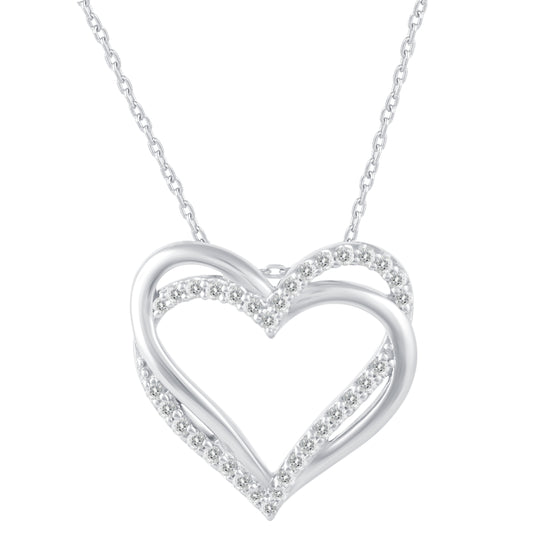 1/4 Cttw Diamond Double Heart Entwined Pendant Necklace set in 925 Sterling Silver
