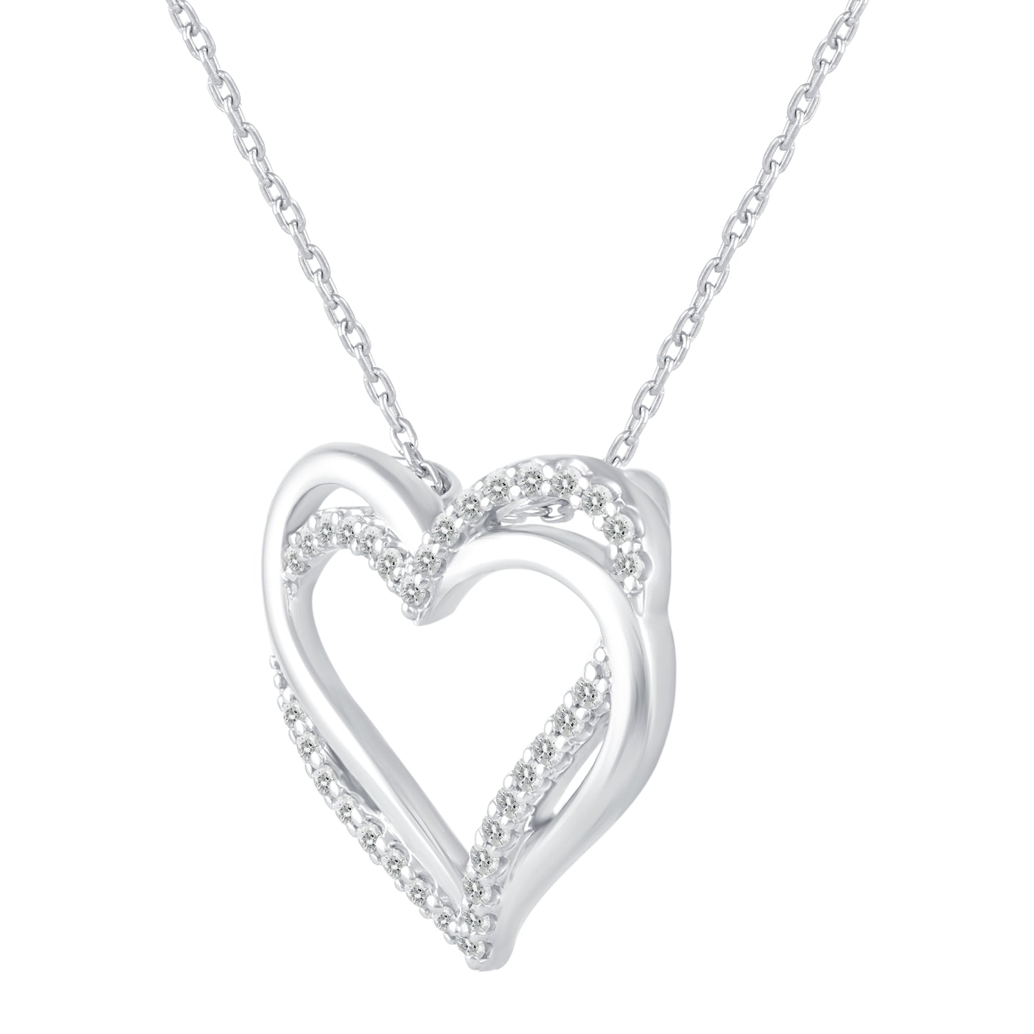 1/4 Cttw Diamond Double Heart Entwined Pendant Necklace set in 925 Sterling Silver