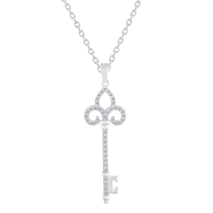 1/5 Cttw Diamond Key Pendant Necklace set in 925 Sterling Silver (Select Design : Daisy Flower, Clover, Four Leaf Clover, Crown, Enchanted)
