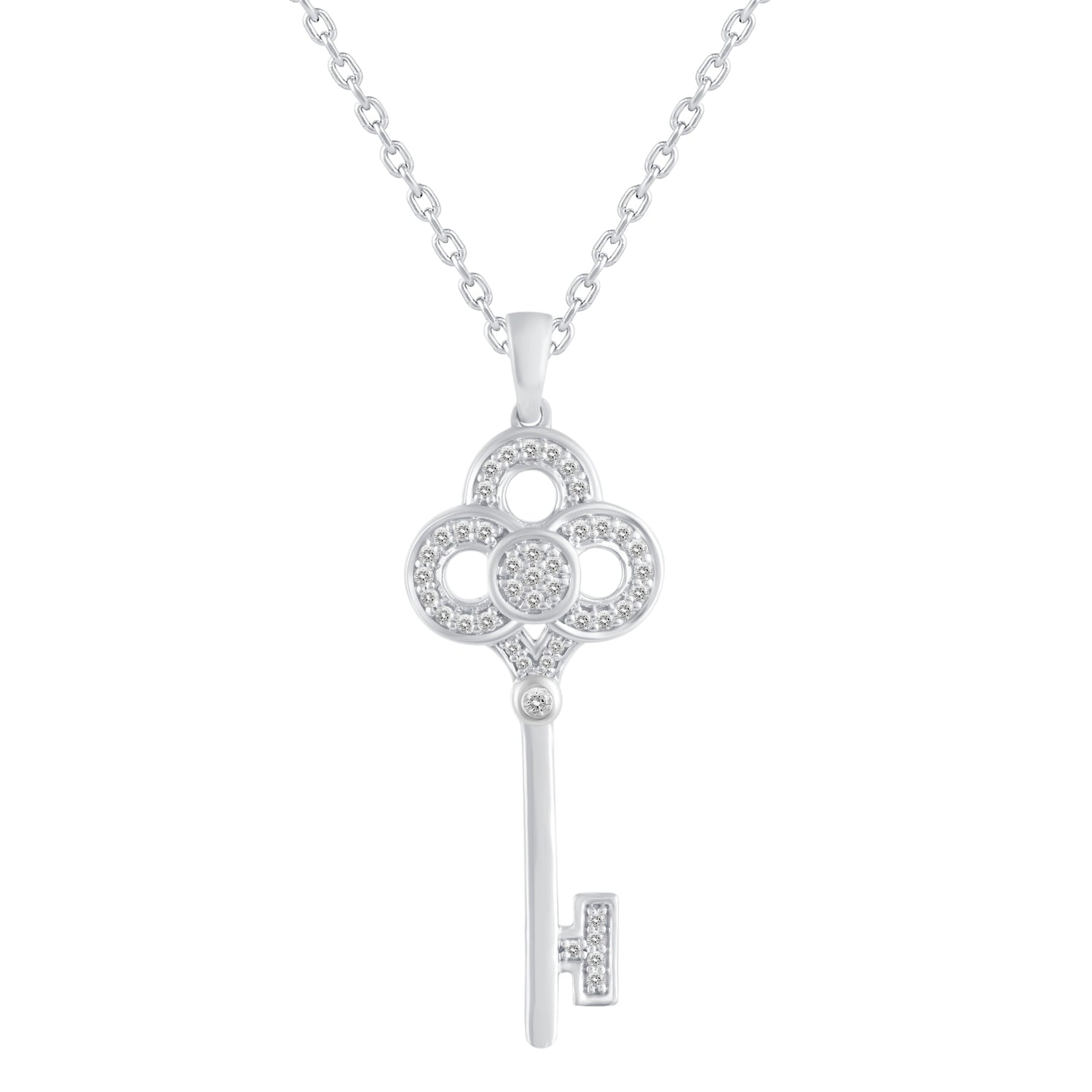 1/5 Cttw Diamond Key Pendant Necklace set in 925 Sterling Silver (Select Design : Daisy Flower, Clover, Four Leaf Clover, Crown, Enchanted)