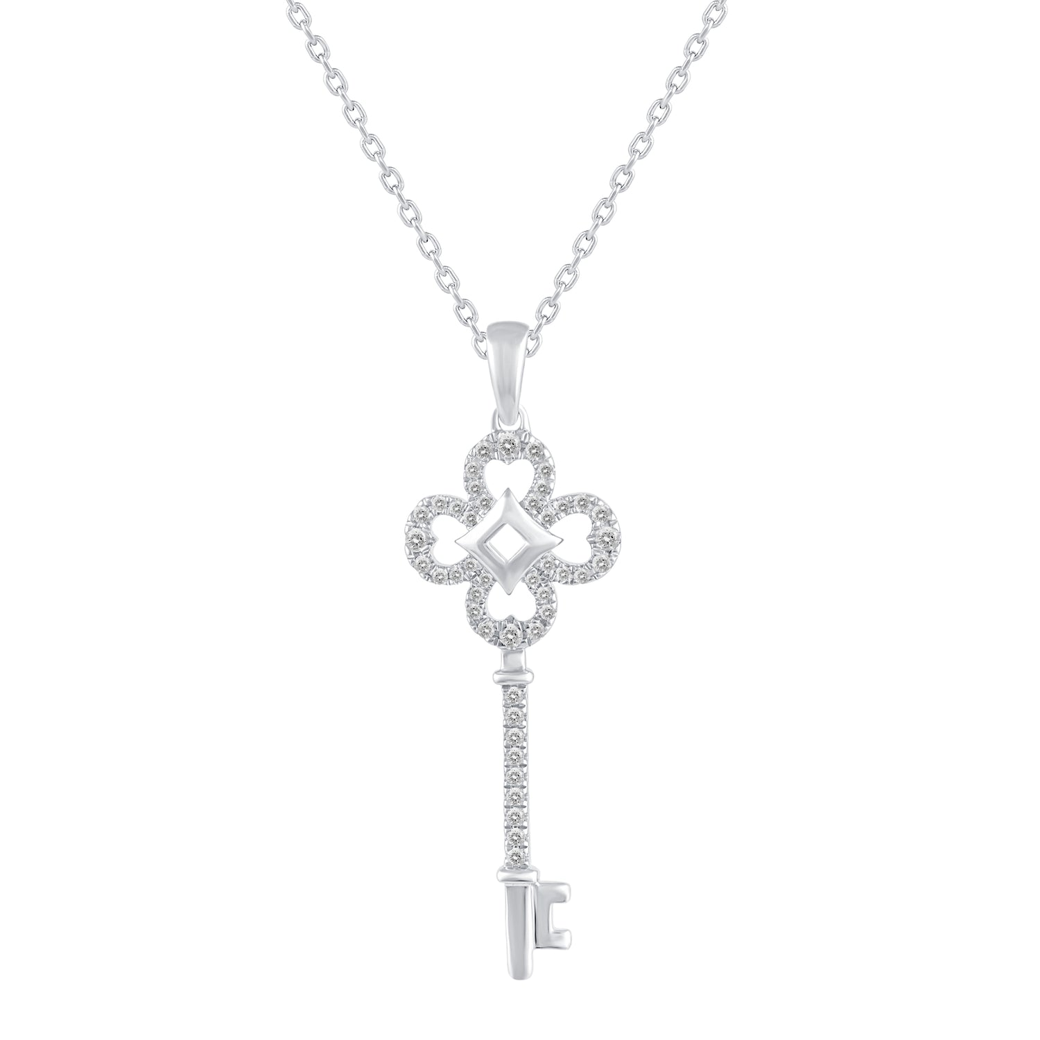 1/5 Cttw Diamond Four Leaf Clover Key Pendant Necklace set in 925 Sterling Silver