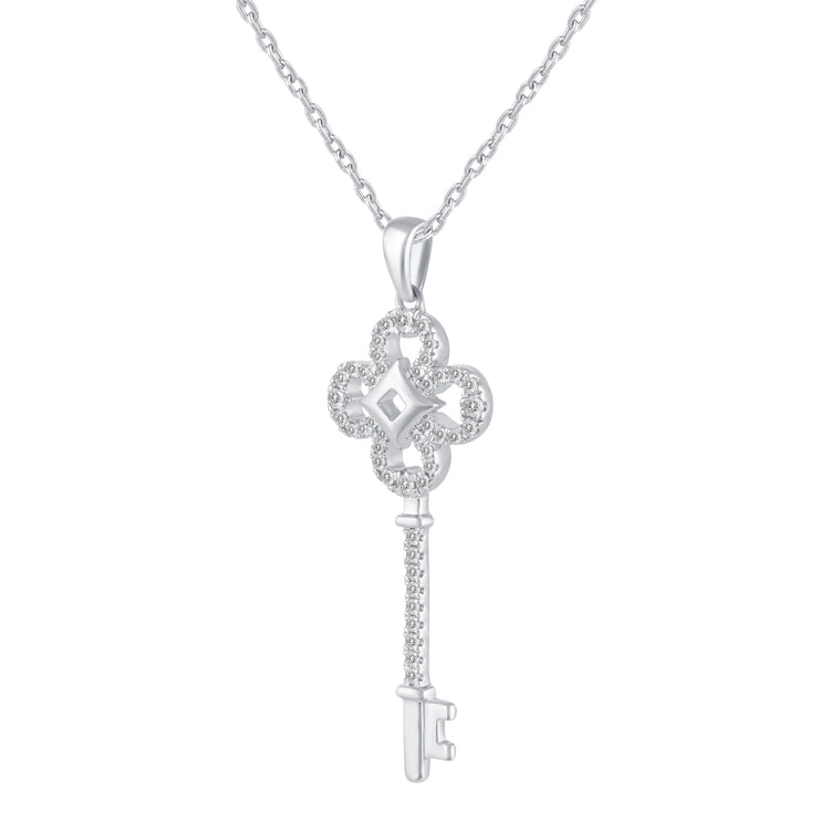 1/5 Cttw Diamond Four Leaf Clover Key Pendant Necklace set in 925 Sterling Silver