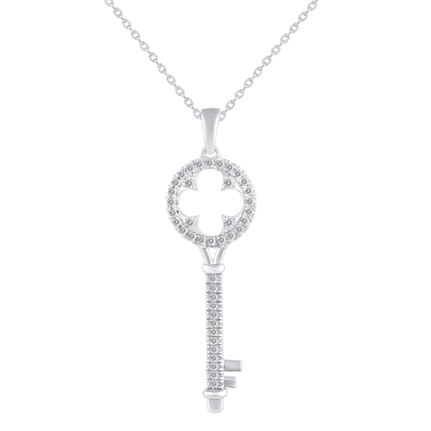 1/5 Cttw Diamond Clover Key Pendant Necklace set in 925 Sterling Silver