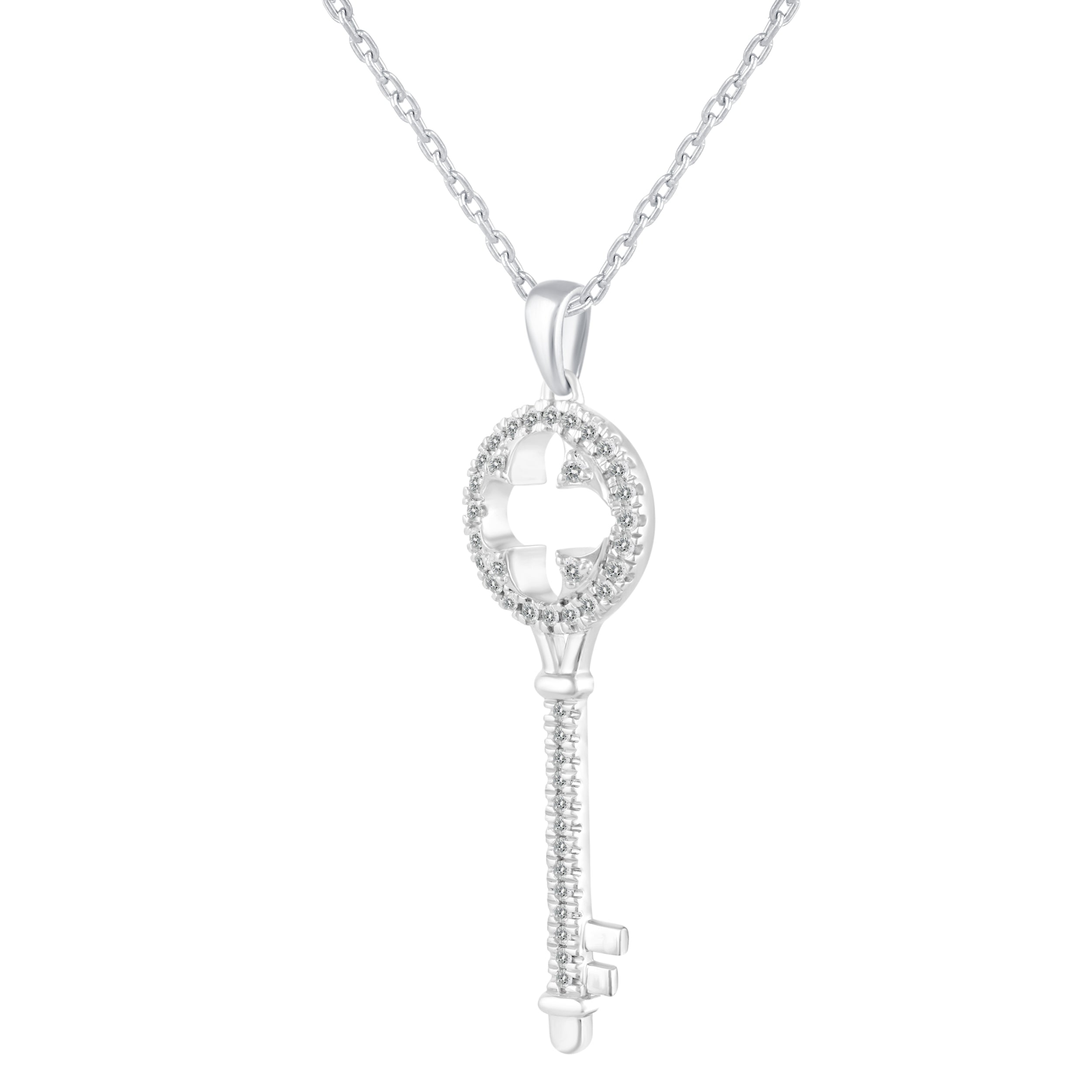 1/5 Cttw Diamond Clover Key Pendant Necklace set in 925 Sterling