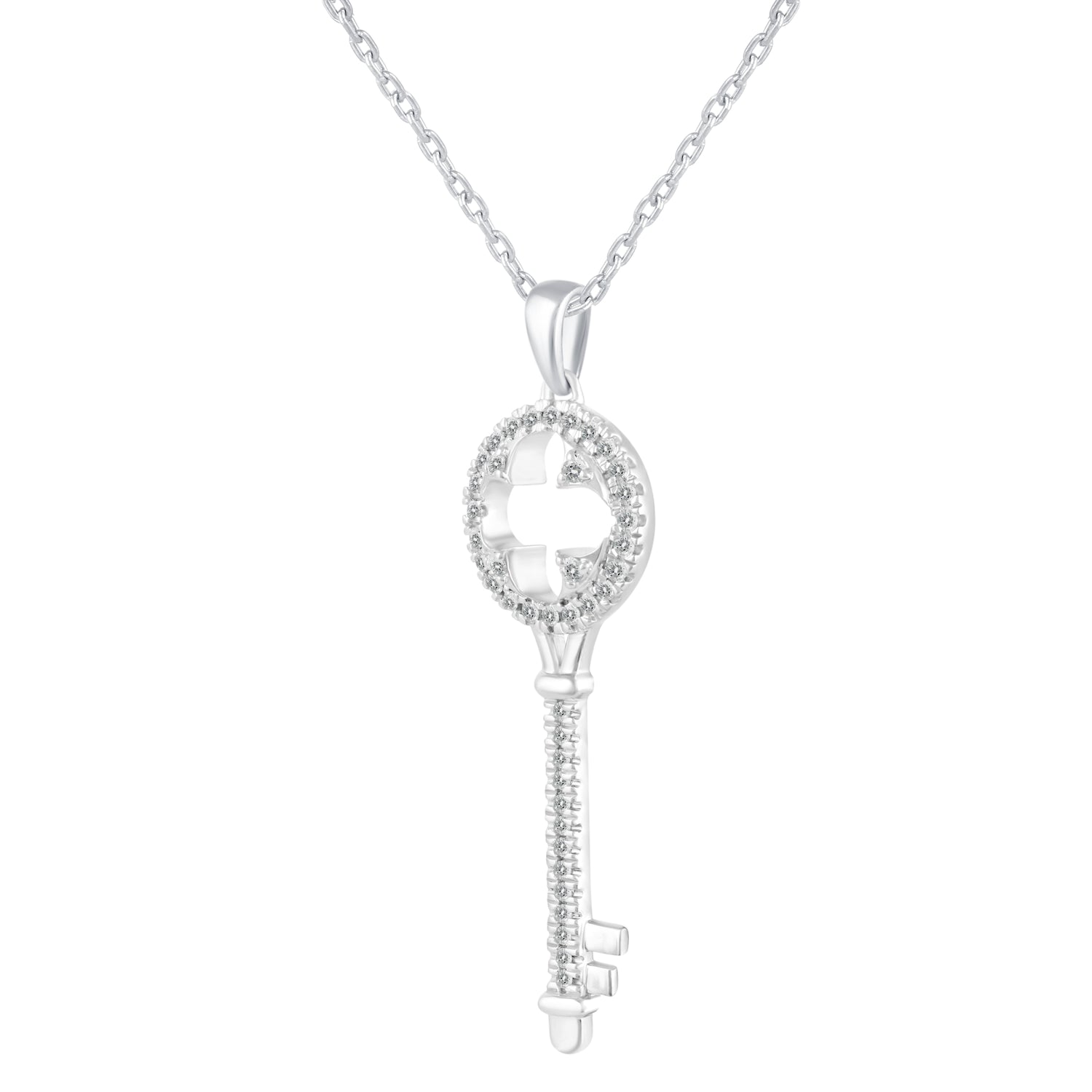 1/5 Cttw Diamond Clover Key Pendant Necklace set in 925 Sterling Silver