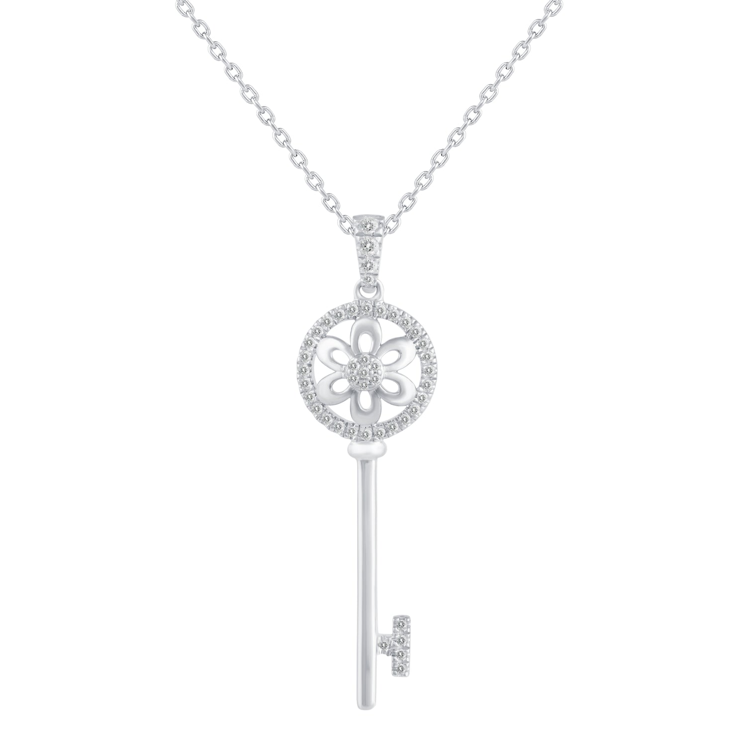 1/5 Cttw Diamond Daisy Flower Key Pendant Necklace set in 925 Sterling Silver