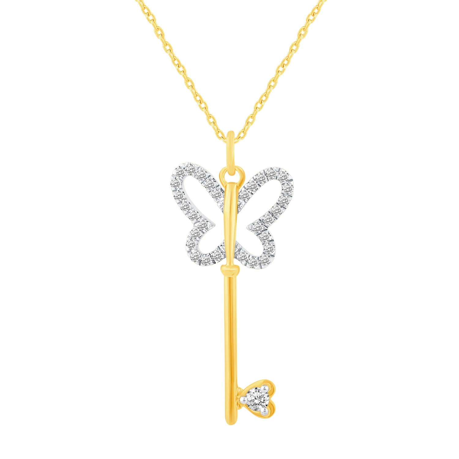 3/8 Cttw Diamond Pave Butterfly Heart Key Pendant Necklace set in 925 Sterling Silver Yellow Gold